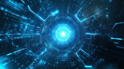 Futuristic Technology Background with Vibrant Blue Light and Abstract Circuit Patterns in a Hexagonal Tunnel
