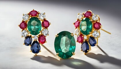 Luxury Emerald Ruby Diamond Earrings on Gold Elegant Jewelry Design