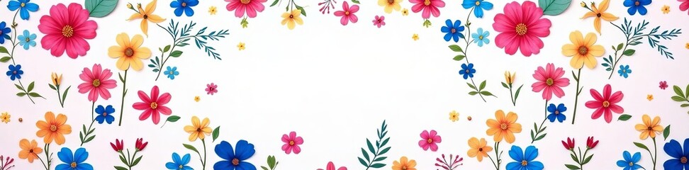 Fototapeta premium Vibrant floral pattern with a mix of pink, blue, and yellow flowers on a white background, botanical, summer, vibrant