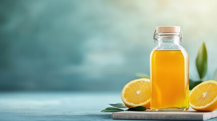 Obraz premium Bottle of lemon juice with fresh lemons and green leaves.
