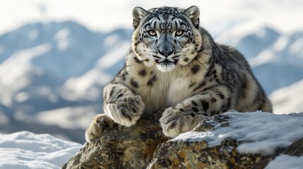 A snow leopard resting peacefully on a snow covered rock