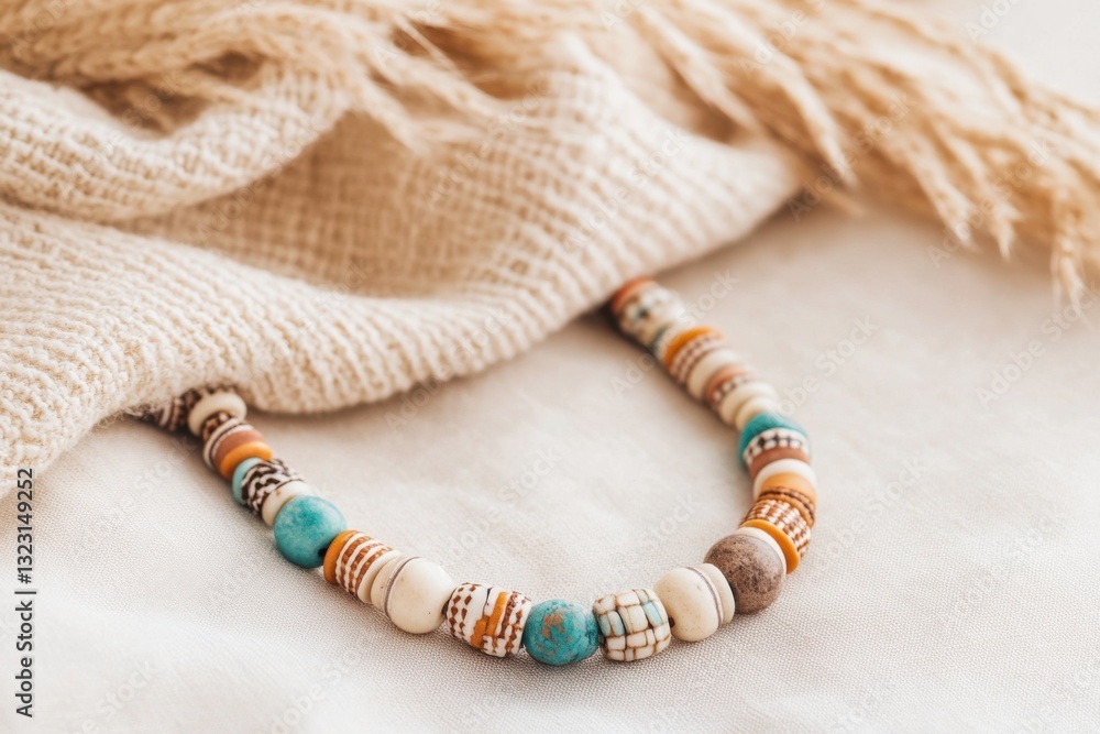 Poster close-up of a colorful beaded necklace showcasing intricate patterns on a soft neutral background