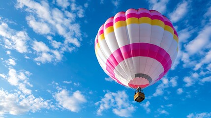 Obraz premium Hot Air Balloon Floating Through Blue Sky with Puffy Clouds