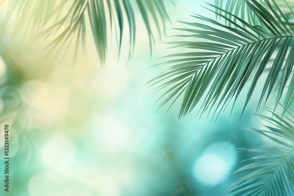 Fototapete Tropical palm leaves create a serene backdrop in vibrant green and teal tones with a soft gradient for inviting text and fresh adventures