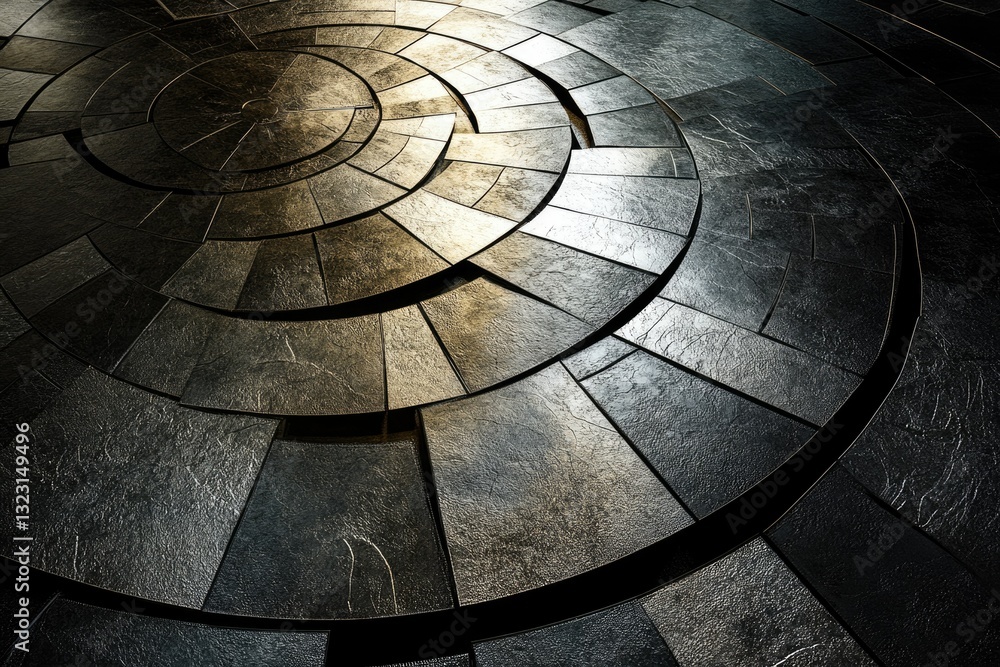 Poster a metallic, spiral-patterned floor composed of dark, textured tiles reflecting light.