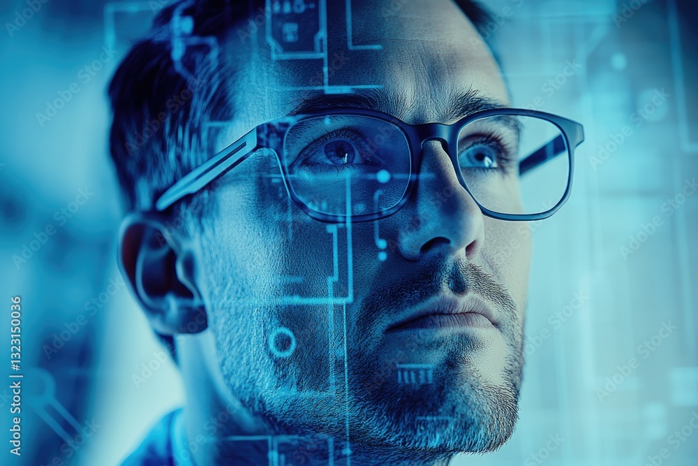 Aufkleber a man with glasses, contemplative expression, superimposed with digital circuit patterns, symbolizes
