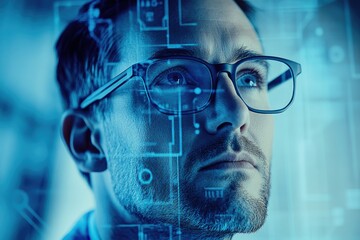 A man with glasses, contemplative expression, superimposed with digital circuit patterns, symbolizes technological innovation and the future.