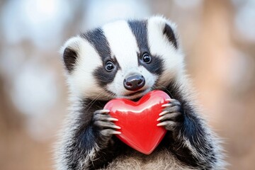 Fototapeta premium Badger - my treasured animal. Cute badger baby with diamond red heart on in a natural habitat. Promotion animal creative. Love and wildlife harmony. Love and warmth in the wild. Loving animal.