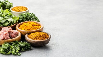Vibrant dog food concept with fresh greens, turmeric, and lean beef