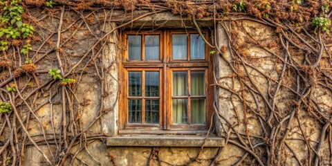 Ivy covering old window with dry branches on house wall, natural textures and moss growth, overgrowth, dry branches