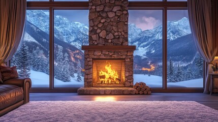 Cozy stone fireplace with a roaring fire, offering warmth against a snowy mountain view. Perfect for winter themes, travel, or relaxation concepts.
