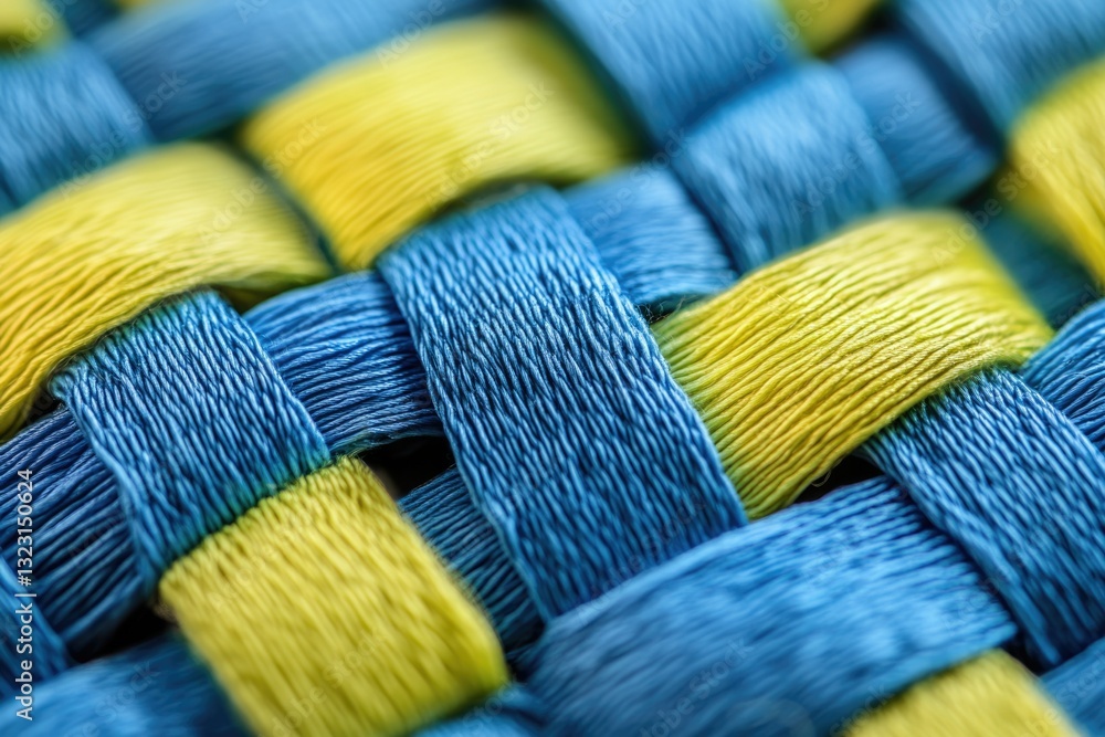 Aufkleber close-up of interwoven blue and yellow textile fibers creating a complex, textured pattern.