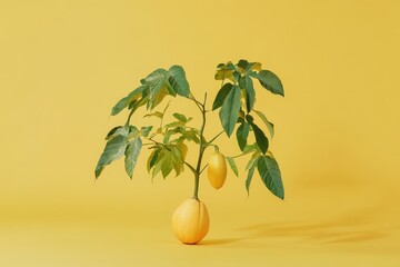 Obraz premium A yellow plant featuring leaves and two fruits against a backdrop