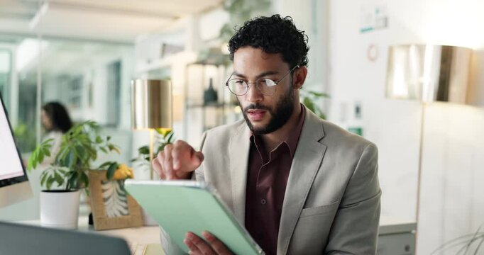 Thinking, accounting or businessman on tablet for research, budget savings or news in office. Financial auditor, review or investment banker reading online for money management, taxes or growth ideas