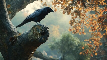 Fototapeta premium A black bird perches on a textured tree branch outside