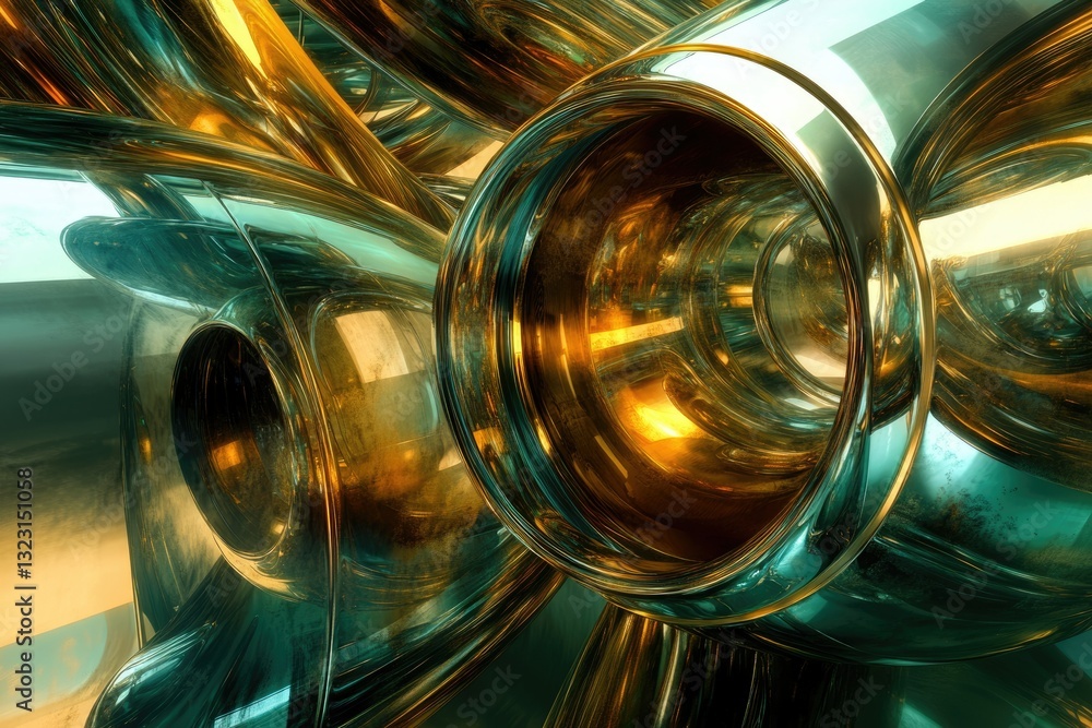 Aufkleber abstract 3d render of interconnected, metallic, gold and teal tubes creating a complex, futuristic d