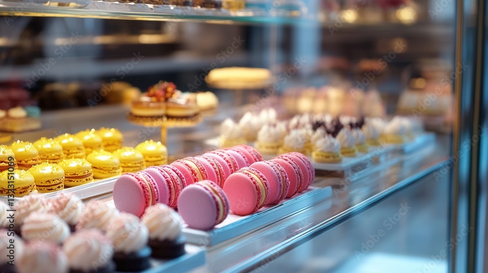 Poster elegant display of colorful macarons and assorted pastries in a glass showcase at a modern bakery