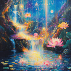 A dreamscape where lotus flowers float effortlessly, vivid colors interwoven into swirling patterns