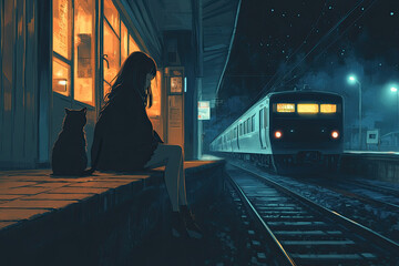 Anime girl at train station at night with cat, waiting for train, Japanese railway, atmospheric night scene, wallpaper background