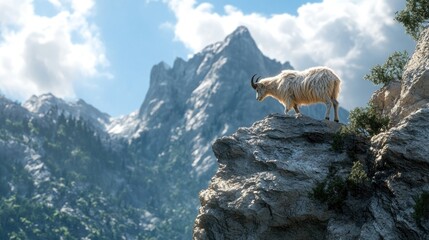 Naklejka premium A mountain goat standing proudly atop a rocky mountainside landscape