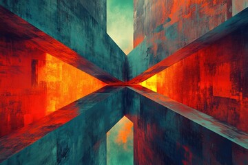 Naklejka premium Abstract artwork depicting intersecting concrete structures with vibrant orange and teal hues, creating a dynamic and symmetrical composition.
