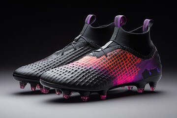 Futuristic black soccer cleats with orange and purple accents designed for high performance sports