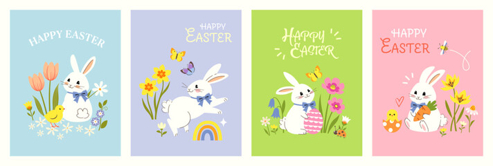 Set of vector colorful templates for Easter greeting cards, posters, banners, flyers, gift bags with cute Easter Bunnies.