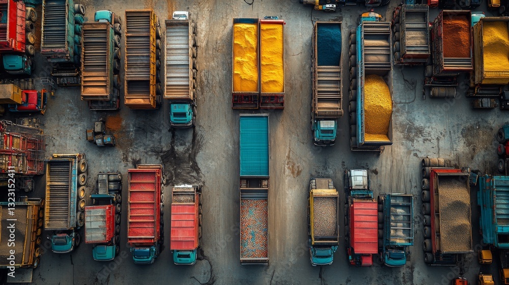 Poster Aerial view showcasing numerous trucks loaded with raw materials waiting for processing in a manufacturing yard. The area reflects an efficient logistic operation with organized cargo delivery.