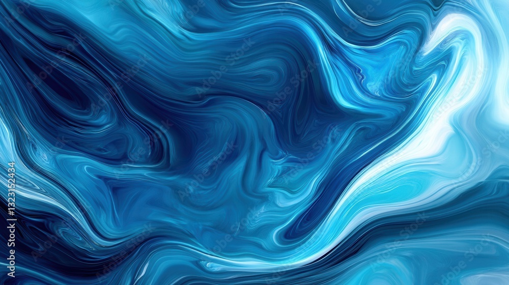 Poster abstract blue and white fluid art with smooth swirls and waves creating a serene oceanic scene