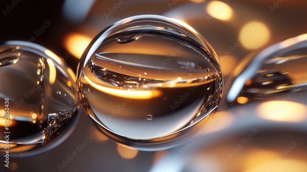 Aufkleber close-up view of transparent bubbles with reflections and soft lighting in a warm toned background