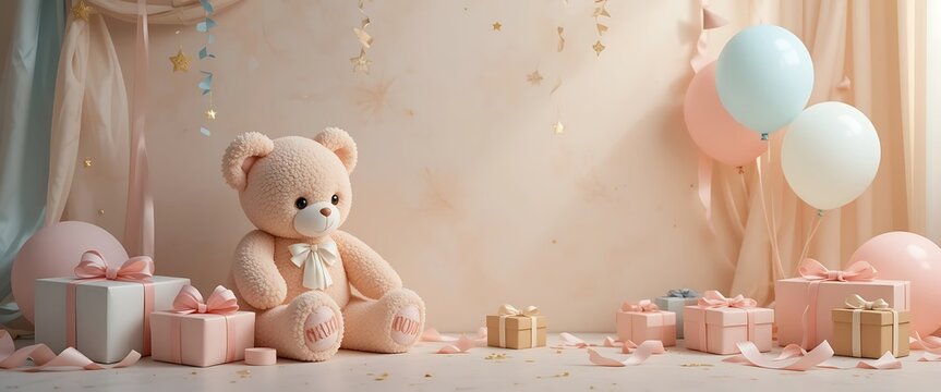 Adorable Teddy Bear Birthday Party Setup with Gifts and Balloons