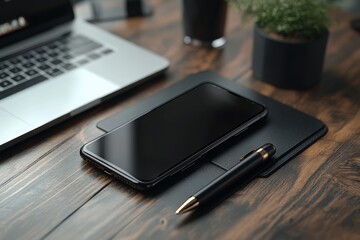 Modern workspace featuring a smartphone laptop pen and greenery on a wood desk for a productivity setup