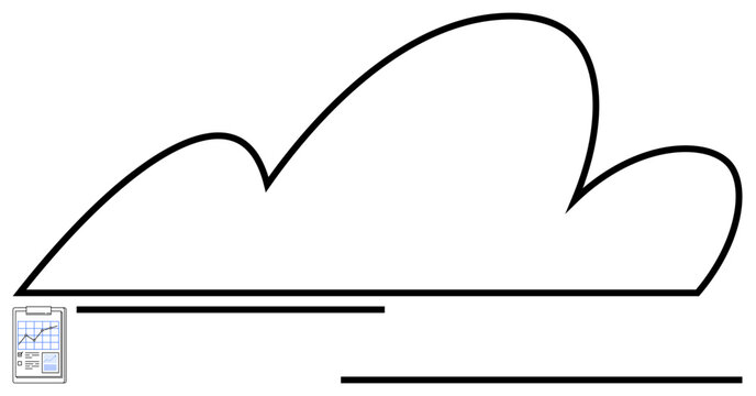 Outlined cloud above parallel lines with clipboard displaying analytics. Ideal for data storage, cloud computing, digital transformation, analytics, technology, scalability, minimalism. Flat simple