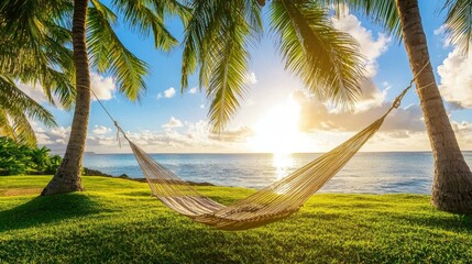 A hammock tied between palm trees, facing the ocean, bathed in the gentle warmth of the morning sun. --chaos 20 --ar 16:9 --quality 2 --v 6.1 Job ID: bb957eb1-7b70-41fa-b5d1-121cbad531cf
