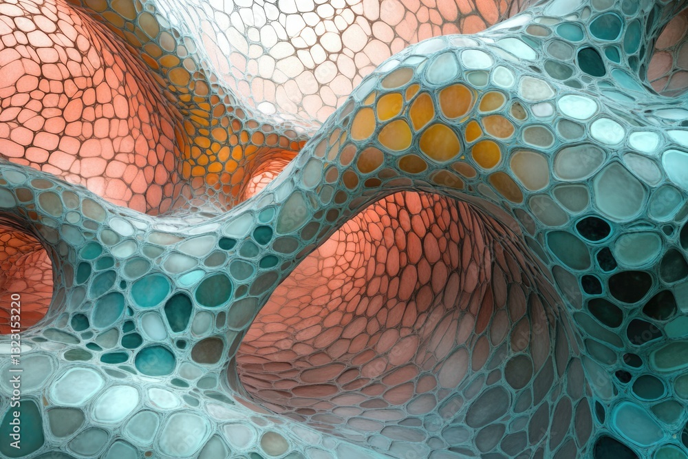 Poster Abstract 3D render of a mesmerizing organic structure with interconnected, multicolored cells forming tunnels and caverns.