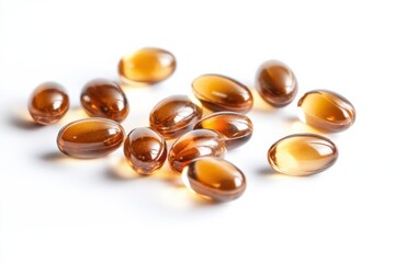 Allergy support capsules scattered on clean white background with realistic lighting