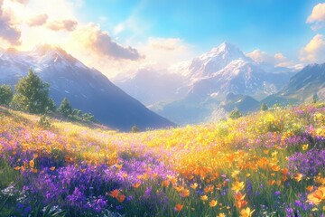 Obraz premium Vibrant wildflowers bloom in a picturesque alpine meadow, bathed in the golden sunlight of a majestic mountain range.