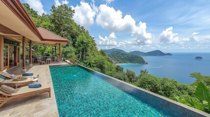 Fototapeta premium A luxury infinity pool overlooking the vast morning sea, peaceful atmosphere as the sun rises. --chaos 20 --ar 16:9 --quality 2 --v 6.1 Job ID: 6b310e3d-a28a-4300-b6c8-fd2af4ad234d