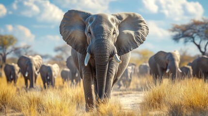 Obraz premium An adult elephant walking towards the viewer in a grassland