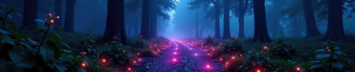 Fototapeta premium Ethereal pathway illuminated by soft bioluminescence, serene, misty, forest