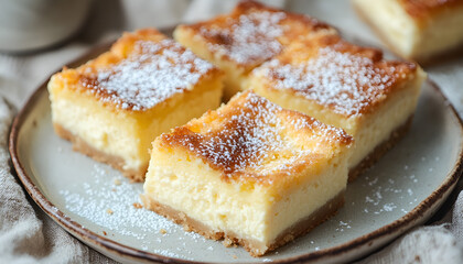 Pieces of delicious homemade lemon cheesecake on plate close up