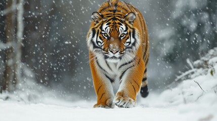 An orange and black tiger walks through a snowy environment