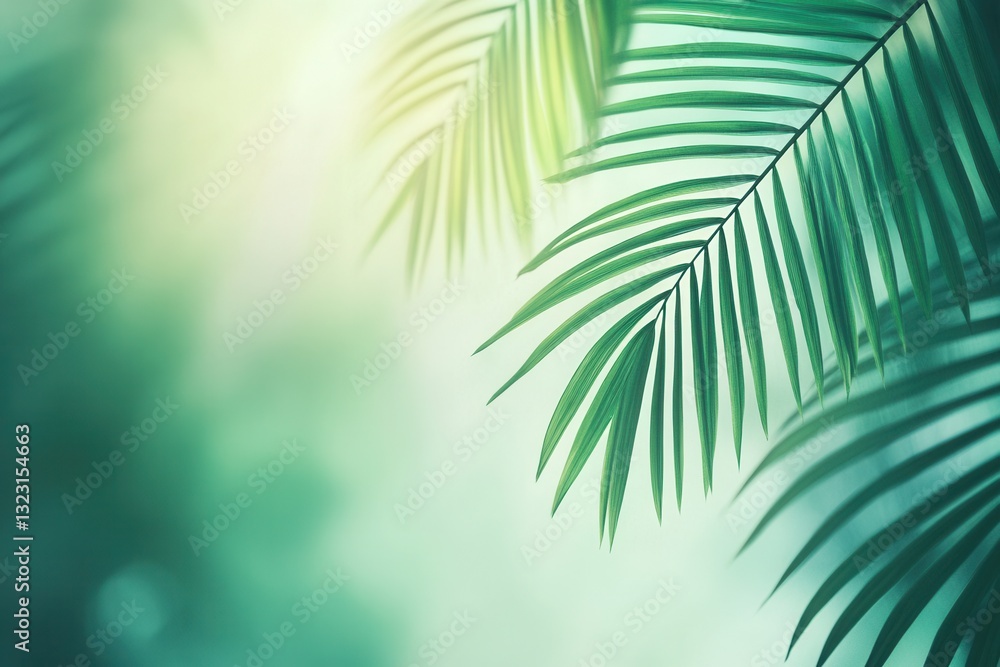 Poster tropical backdrop with lush palm leaves in muted greens and teals inviting a fresh feel in a serene 