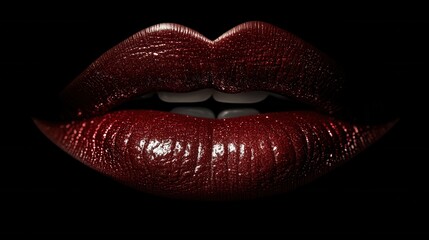 Obraz premium Close-Up of Glossy Red Lips on Black Background, Perfect for Beauty and Fashion Themes