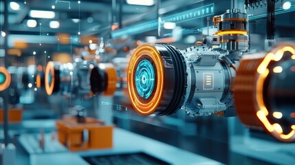 A virtual lab with an advanced motor system surrounded by holograms showing magnetic fields. Cool tones highlight precision engineering and forward-thinking design.