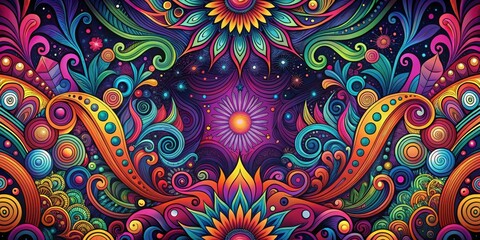 Fototapeta premium Dark psychedelic patterns and swirling shapes create a mesmerizing background for a vintage-inspired rock festival poster layout, retro aesthetic, psychedelic art