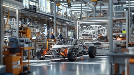 An advanced electric sport car chassis is showcased in a factory, with a holographic model highlighting its detailed structure, showcasing futuristic manufacturing.