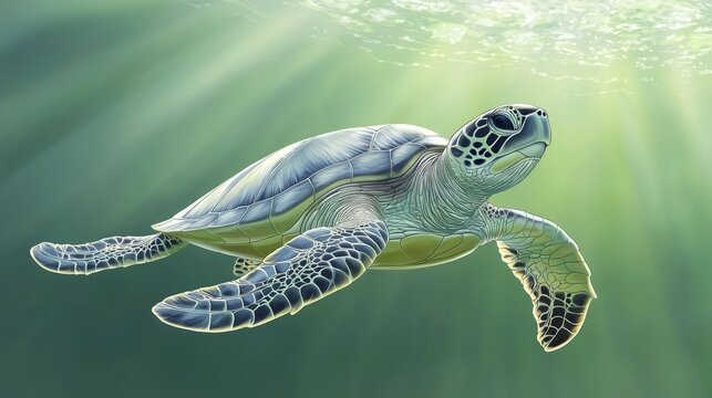 A sea turtle swimming gracefully near the shore, the morning sun casting a soft glow on the water. --chaos 20 --ar 16:9 --quality 2 --v 6.1 Job ID: 0a783a6c-bb67-453f-b5ed-1c84b72bef69