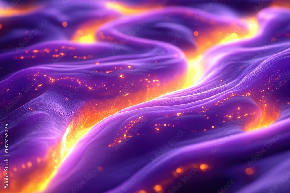 Fototapete Abstract image of flowing purple fabric with glowing orange veins, creating a mesmerizing visual effect.