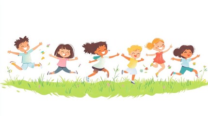 children jumping Boys and girls are playing together happily. Kids Play at the grass. Children Holding hands and jumping , Running a meadow. The concept is fun and vibrant moments of childhood